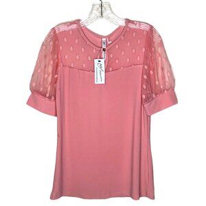 NY Collection Pink Short-Sleeve Top With Polka Dot Sheer Sleeves